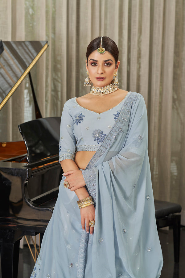 Exclusive White With Sky Color Sequence Embroidered Work Lehenga Choli Clothsvilla