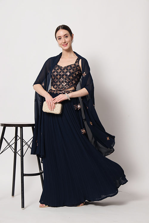Exclusive Navy Georgette Crush Pattern On Lehenga Choli ClothsVilla.com