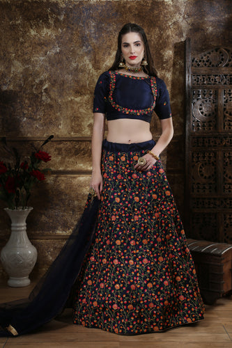 Exotic Navy Blue Colored Party Wear Floral Embroidered Silk Lehenga Choli ClothsVilla