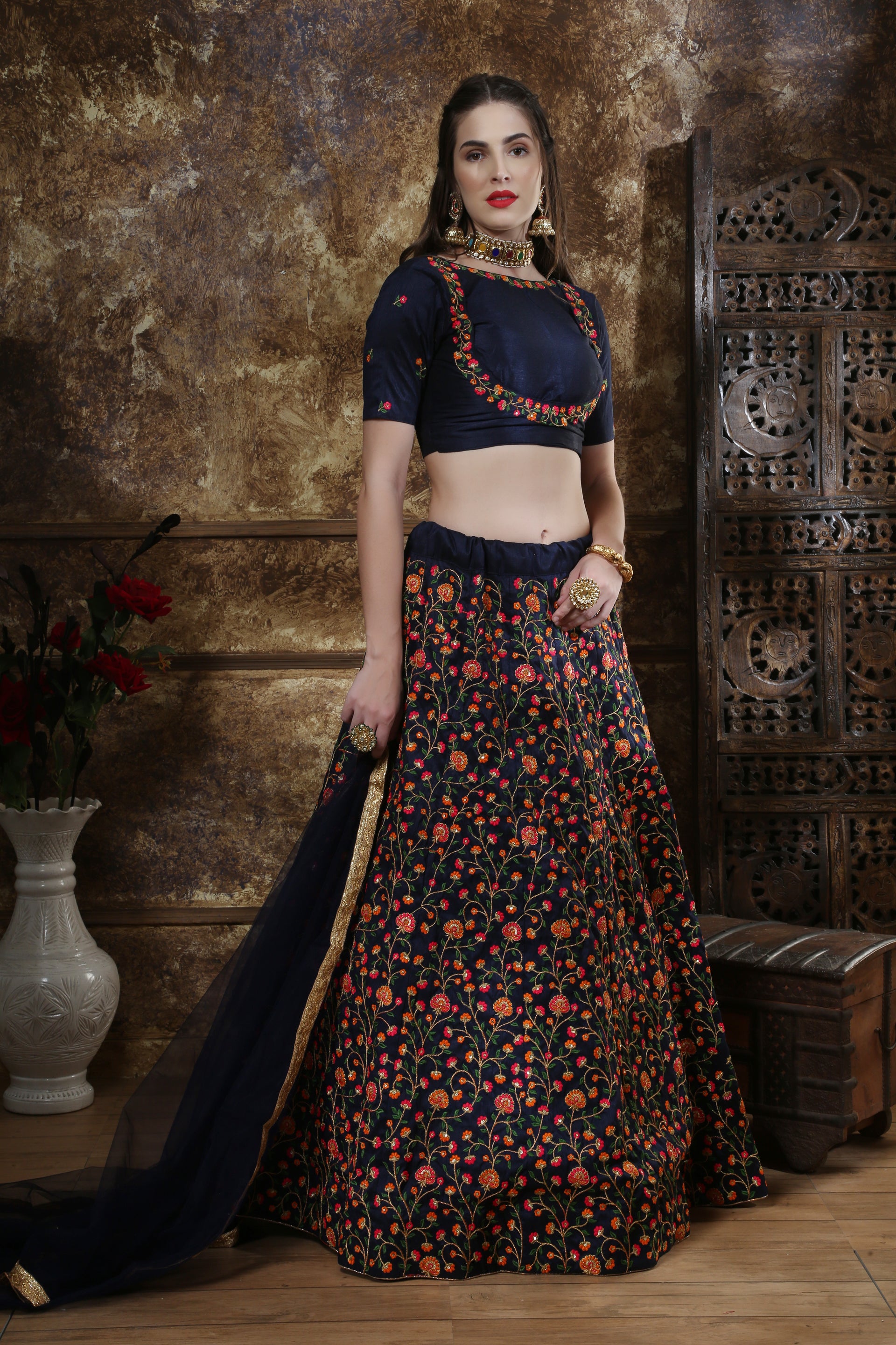 Exotic Navy Blue Colored Party Wear Floral Embroidered Silk Lehenga Choli ClothsVilla