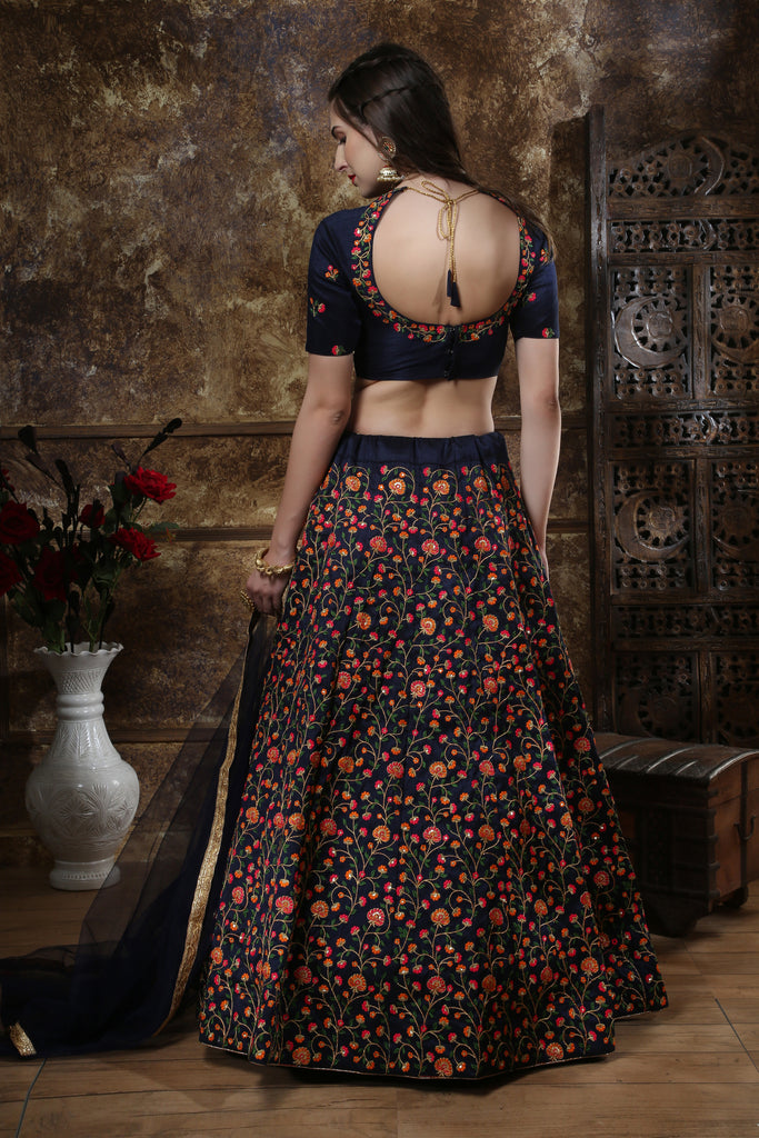 Exotic Navy Blue Colored Party Wear Floral Embroidered Silk Lehenga Choli ClothsVilla