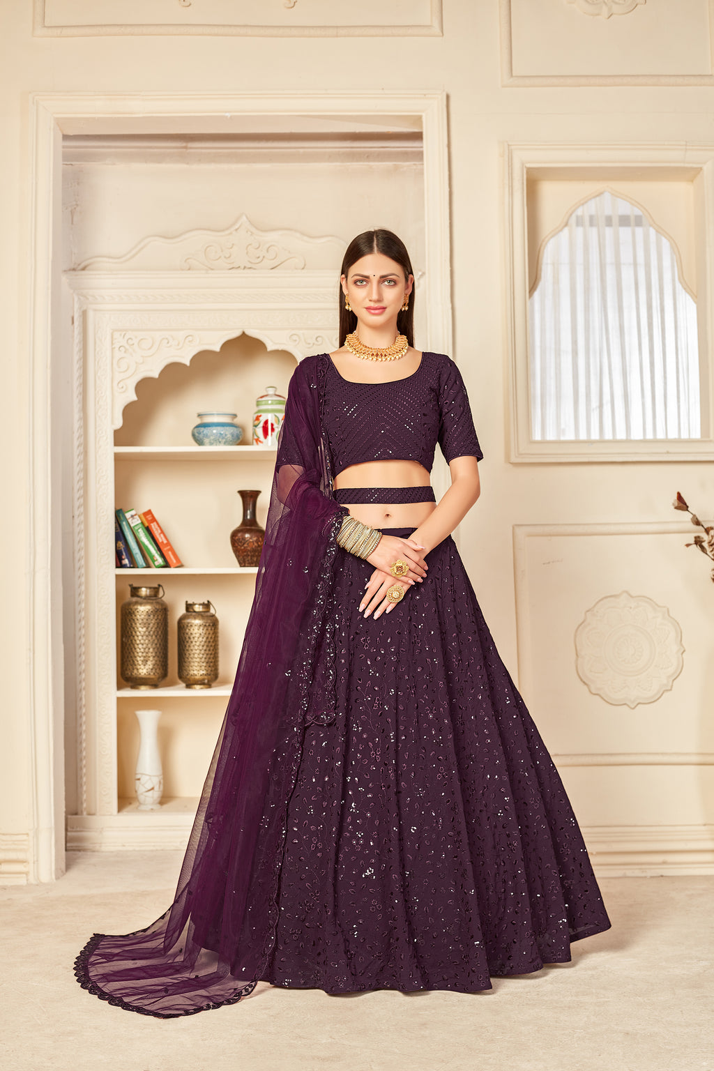 Eye-Catching Purple Thread And Sequins Embroidered Georgette Wedding Lehenga ClothsVilla
