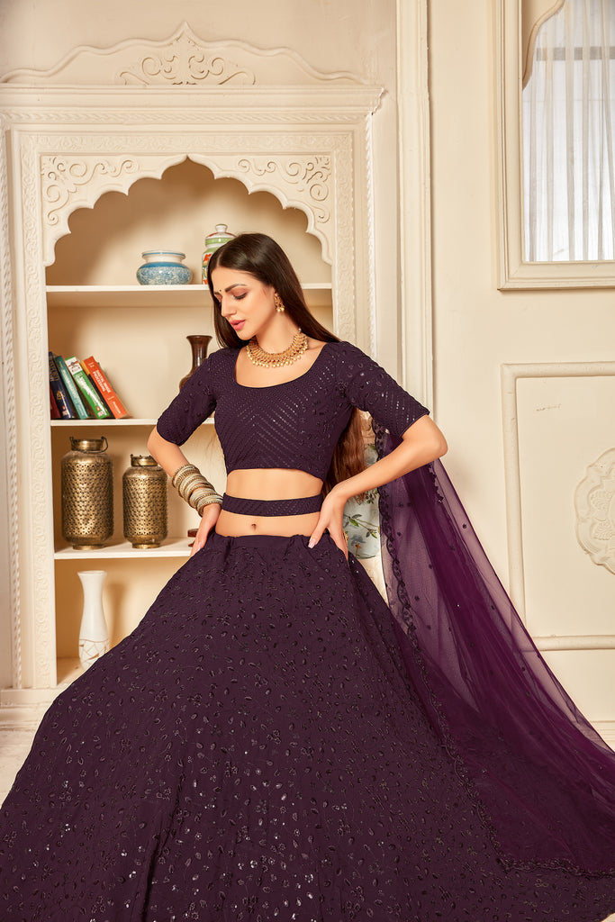 Eye-Catching Purple Thread And Sequins Embroidered Georgette Wedding Lehenga ClothsVilla