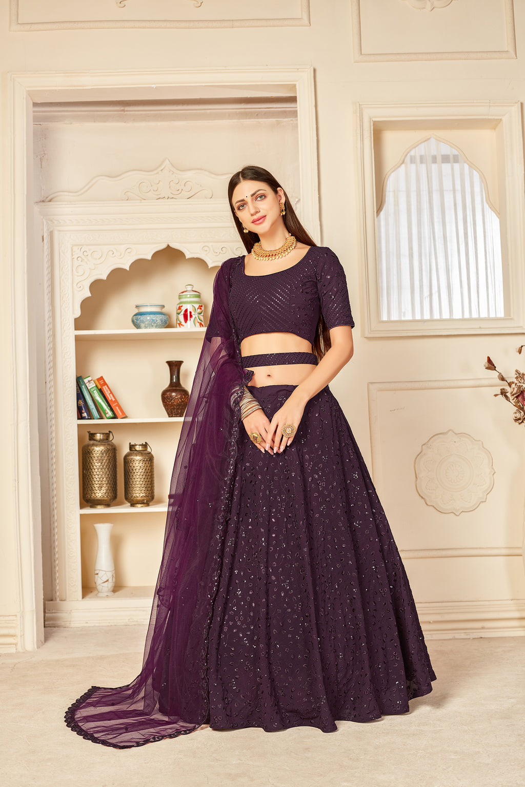 Eye-Catching Purple Thread And Sequins Embroidered Georgette Wedding Lehenga ClothsVilla