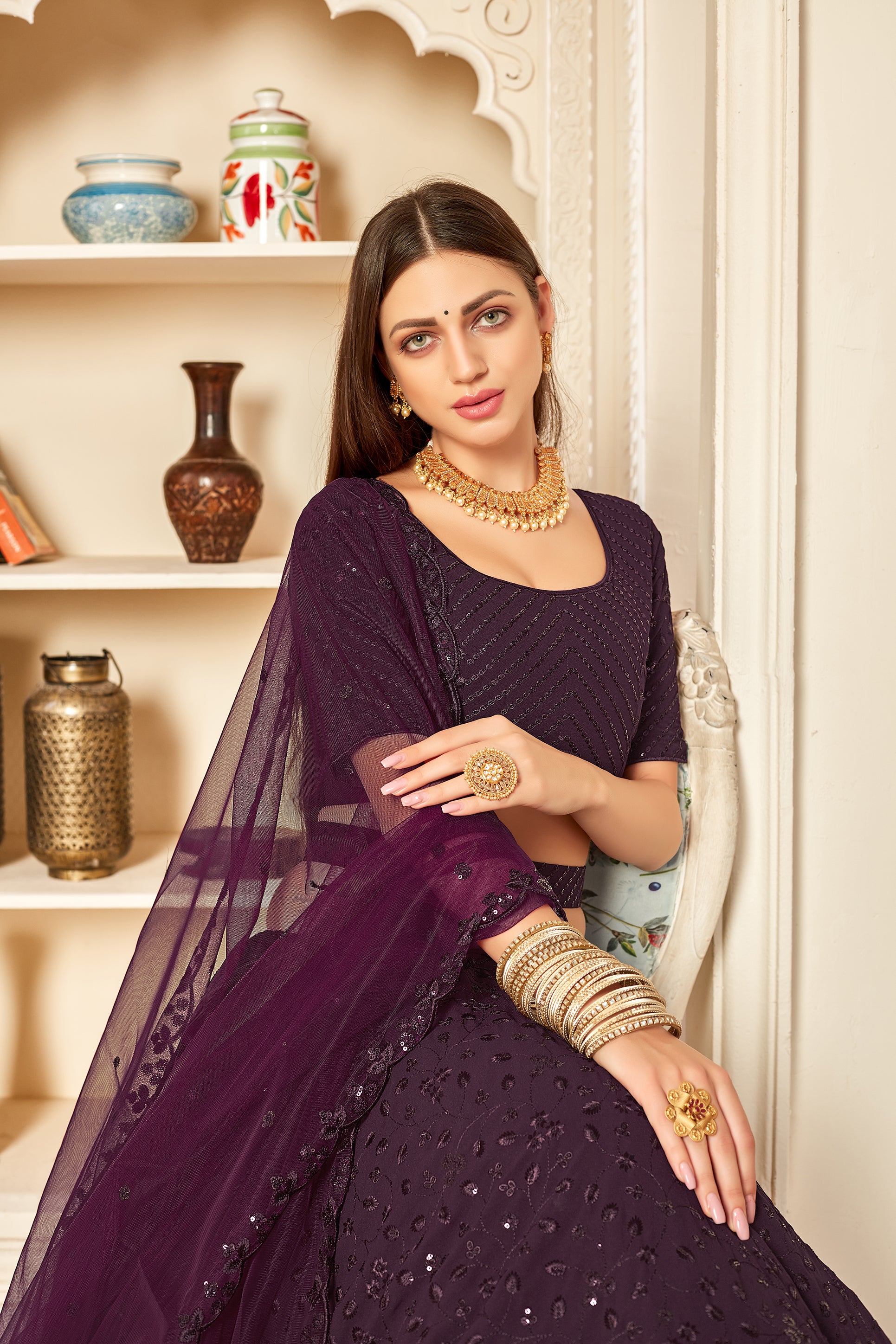 Eye-Catching Purple Thread And Sequins Embroidered Georgette Wedding Lehenga ClothsVilla