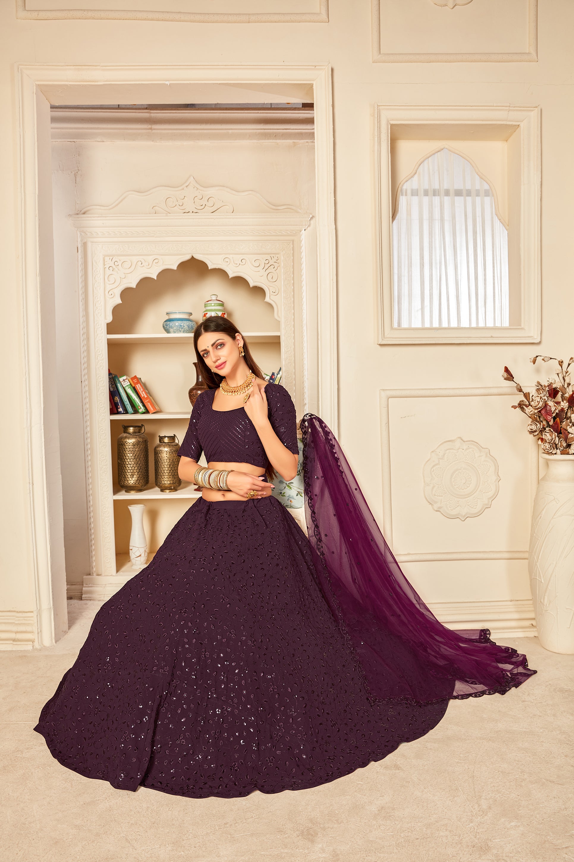 Eye-Catching Purple Thread And Sequins Embroidered Georgette Wedding Lehenga ClothsVilla