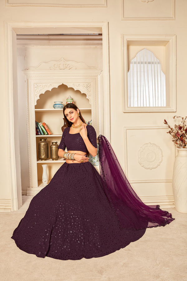 Eye-Catching Purple Thread And Sequins Embroidered Georgette Wedding Lehenga ClothsVilla