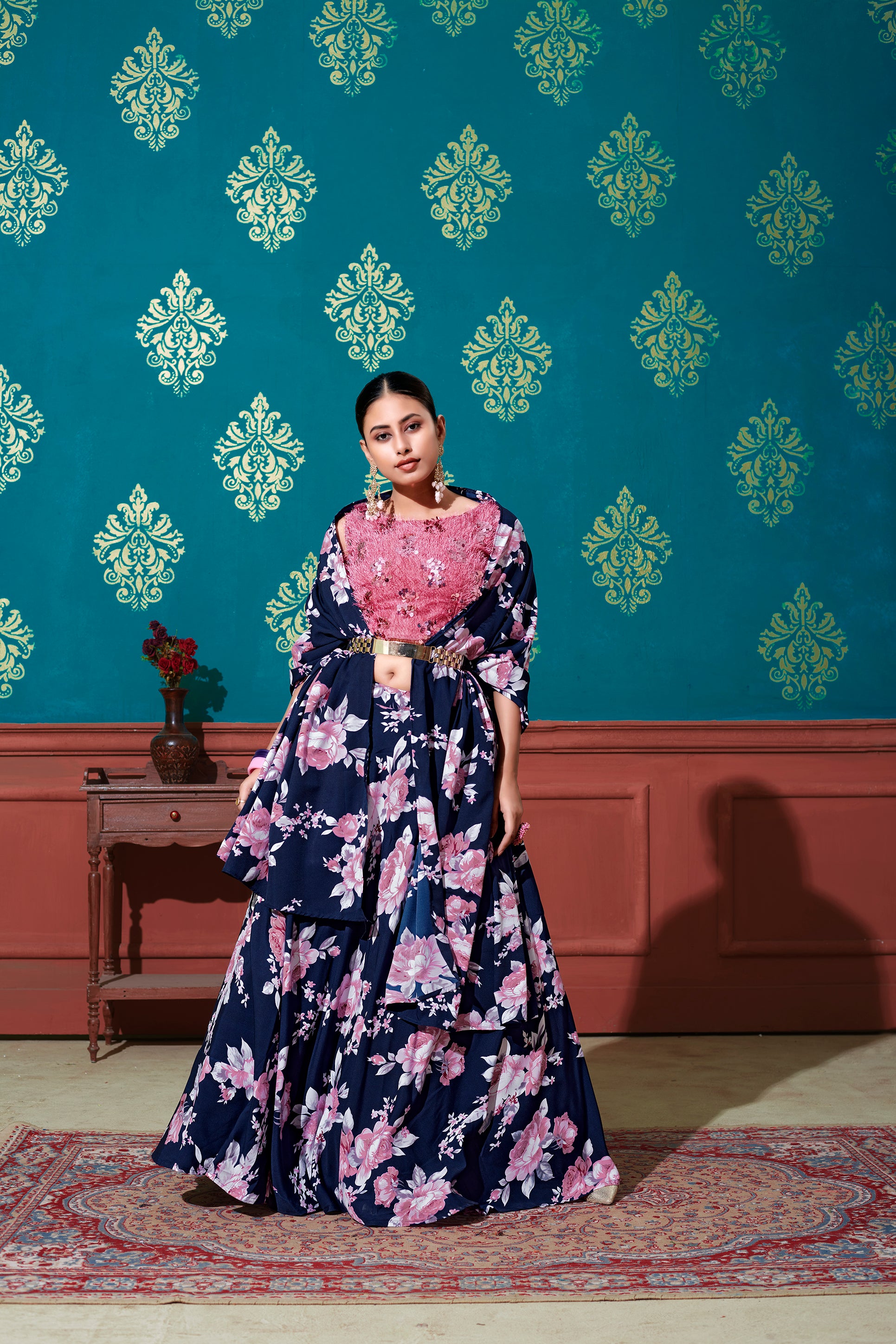 Fabulous Blue-Pink Digital Printed Silk Party Wear Lehenga Choli ClothsVilla Main image