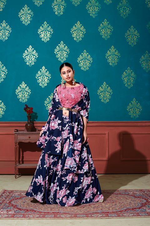 Fabulous Blue-Pink Digital Printed Silk Party Wear Lehenga Choli ClothsVilla Main image