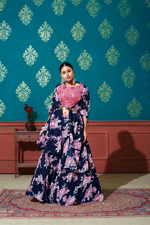 Fabulous Blue-Pink Digital Printed Silk Party Wear Lehenga Choli ClothsVilla
