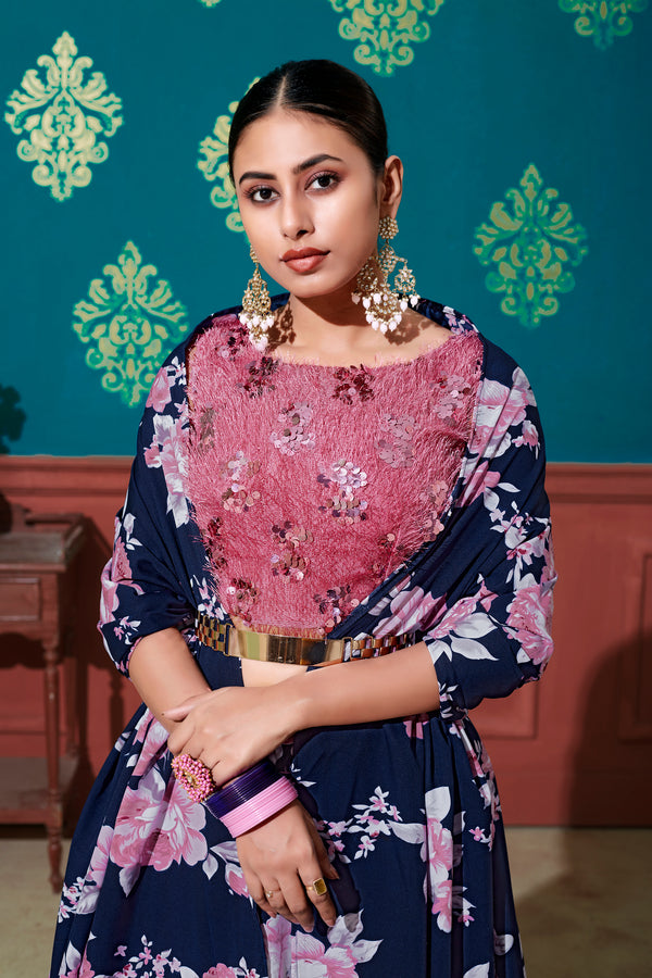 Fabulous Blue-Pink Digital Printed Silk Party Wear Lehenga Choli ClothsVilla