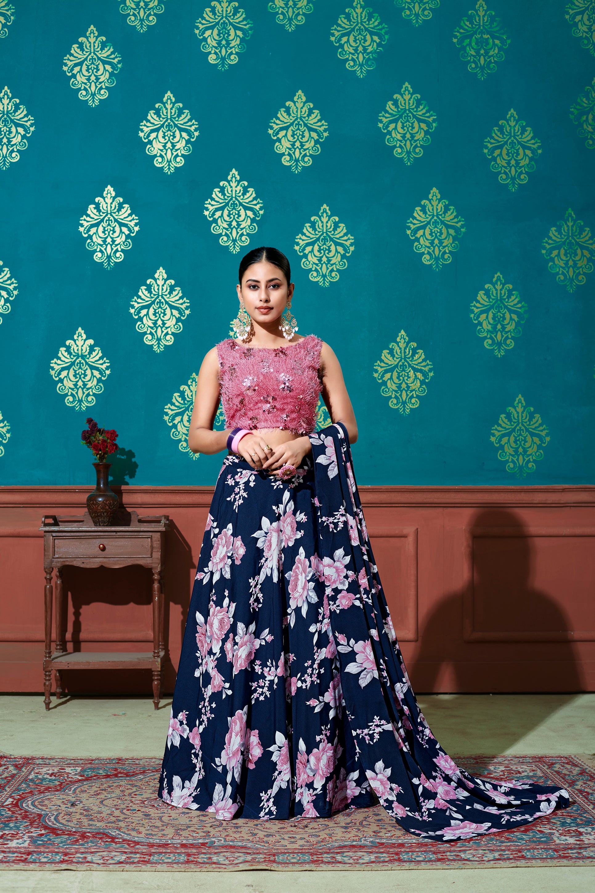 Fabulous Blue-Pink Digital Printed Silk Party Wear Lehenga Choli ClothsVilla