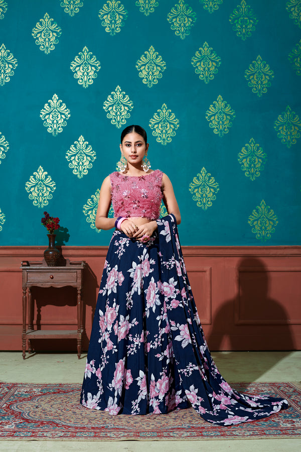 Fabulous Blue-Pink Digital Printed Silk Party Wear Lehenga Choli ClothsVilla