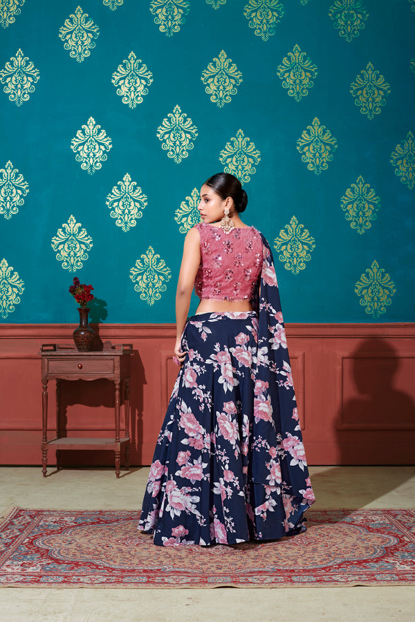 Fabulous Blue-Pink Digital Printed Silk Party Wear Lehenga Choli ClothsVilla
