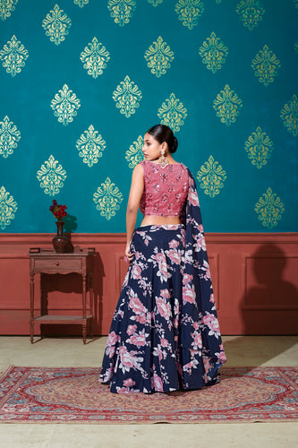 Fabulous Blue-Pink Digital Printed Silk Party Wear Lehenga Choli ClothsVilla