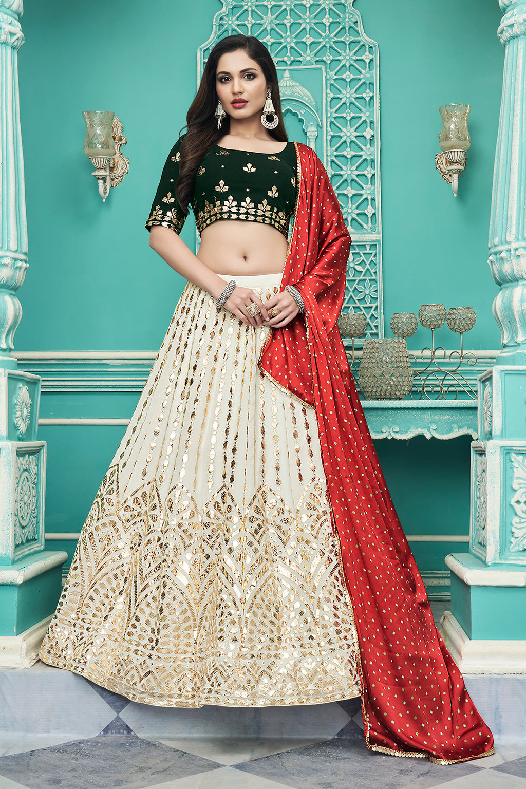 Fabulous Off-White Gota Patti Embroidered Georgette Party Wear Lehenga Choli ClothsVilla