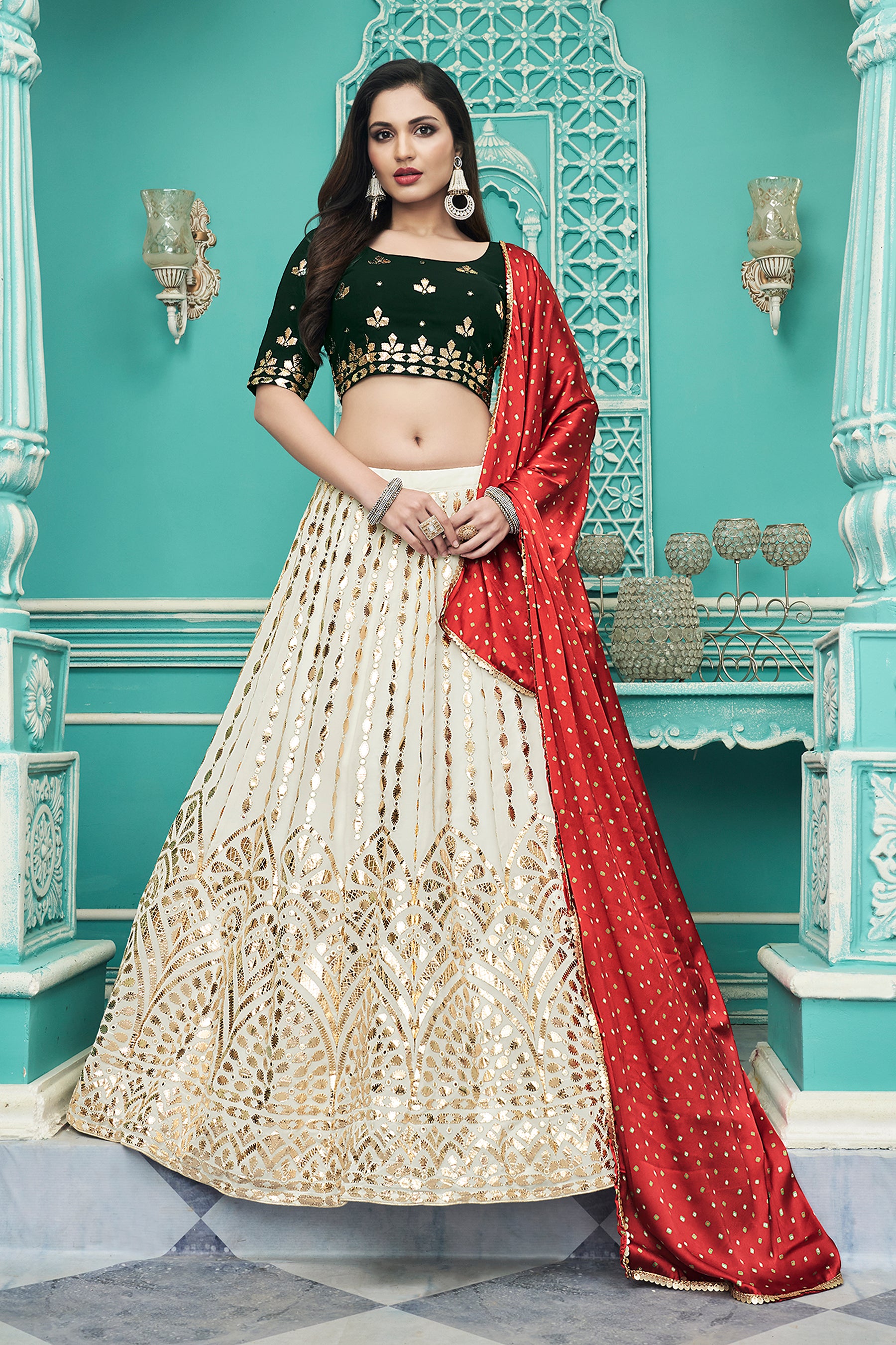 Fabulous Off-White Gota Patti Embroidered Georgette Party Wear Lehenga Choli ClothsVilla
