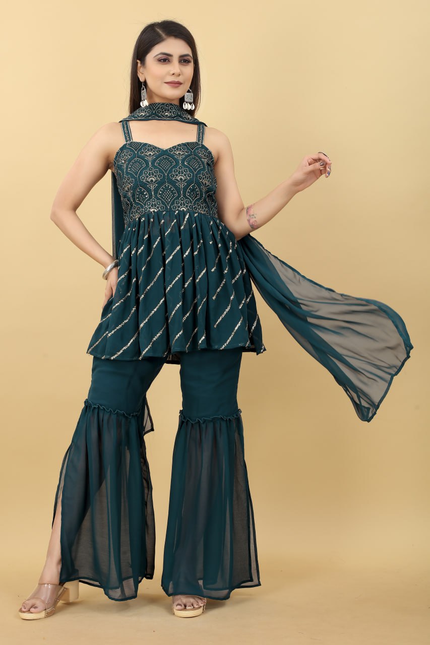 Fabulous Teal Blue Color Party Wear Sharara Suit Clothsvilla
