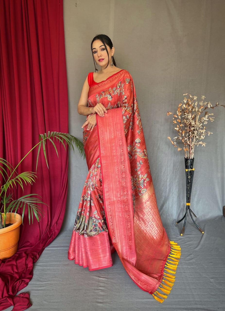 Faded Red Saree in Banarasi Silk with Kalamkari Prints Clothsvilla Main image