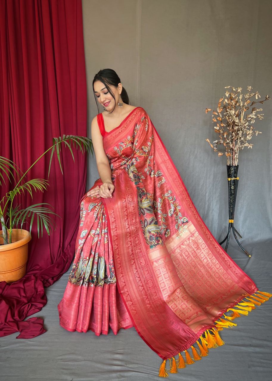Faded Red Saree in Banarasi Silk with Kalamkari Prints Clothsvilla