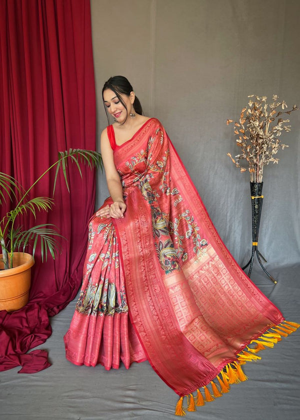 Faded Red Saree in Banarasi Silk with Kalamkari Prints Clothsvilla
