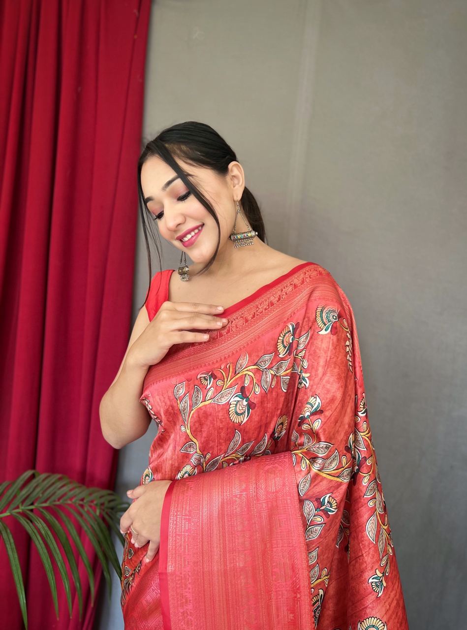 Faded Red Saree in Banarasi Silk with Kalamkari Prints Clothsvilla