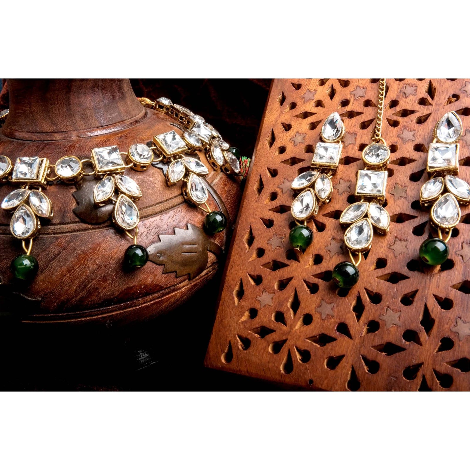Fancy Dimond with Green Pearl Necklace Alloy Gold-plated Jewel Set ClothsVilla