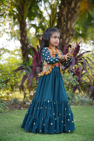 Fancy Teal Blue Color Mother Daughter Gown WIth Koti Clothsvilla