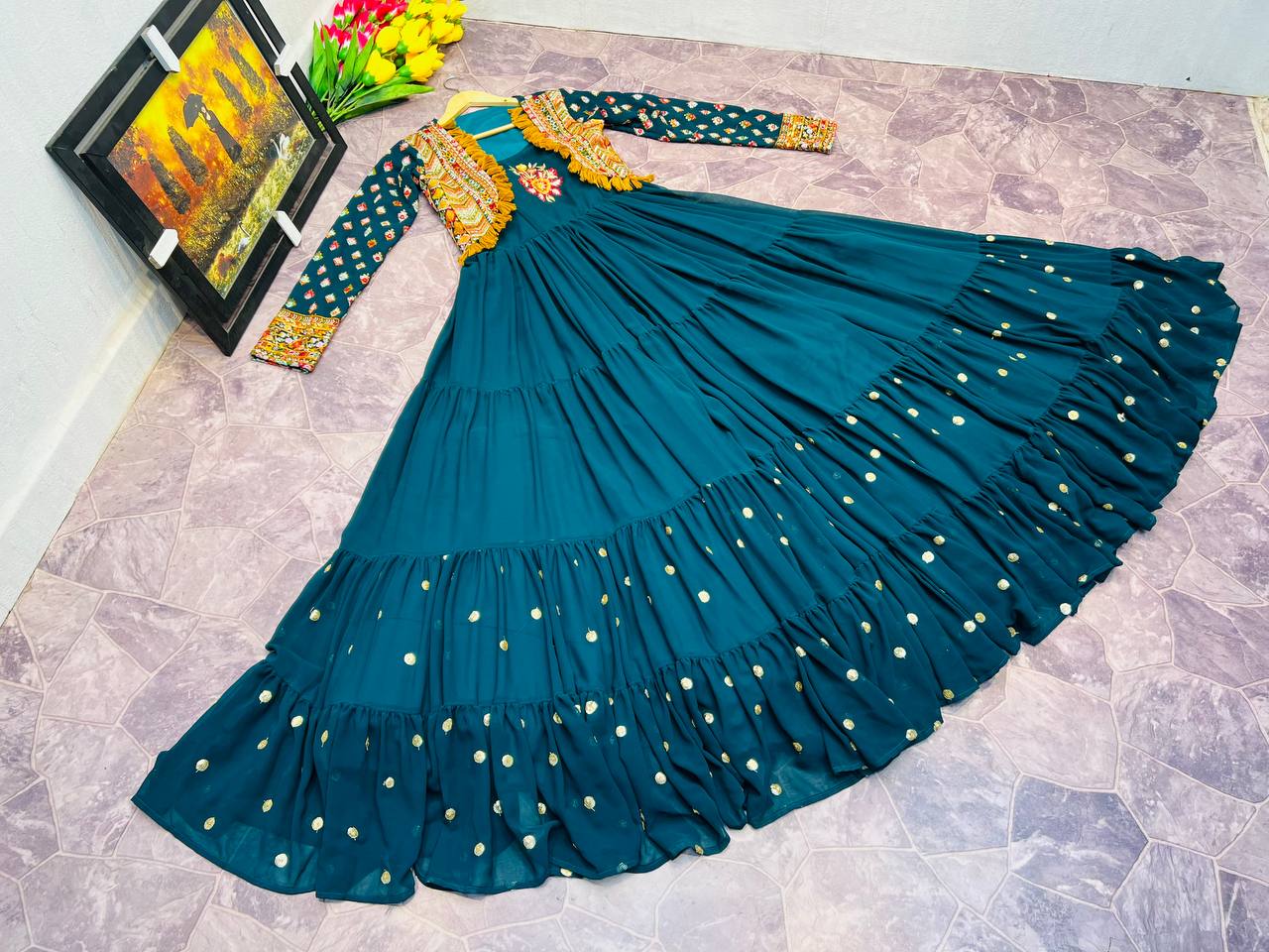 Fancy Teal Blue Color Mother Daughter Gown WIth Koti Clothsvilla