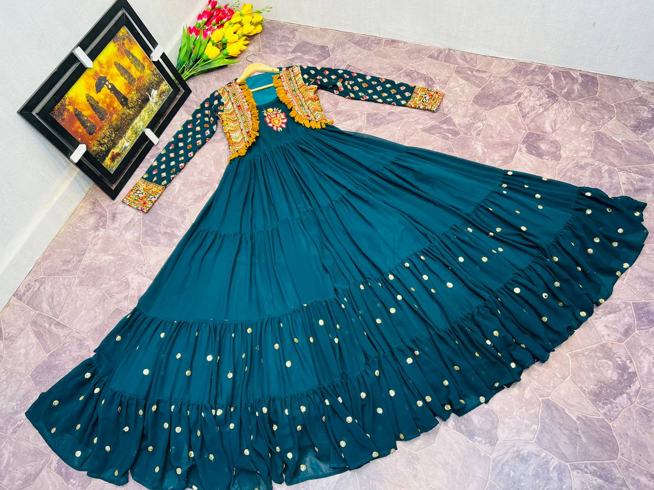 Fancy Teal Blue Color Mother Daughter Gown WIth Koti Clothsvilla