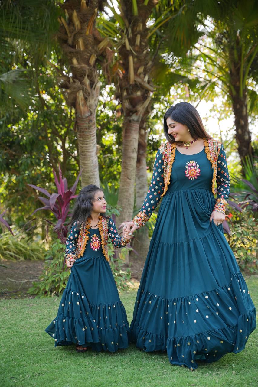 Fancy Teal Blue Color Mother Daughter Gown WIth Koti Clothsvilla