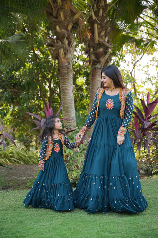 Fancy Teal Blue Color Mother Daughter Gown WIth Koti Clothsvilla