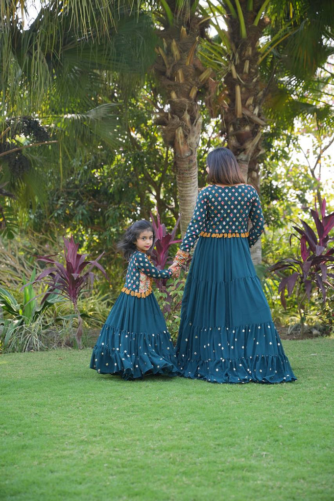 Fancy Teal Blue Color Mother Daughter Gown WIth Koti Clothsvilla
