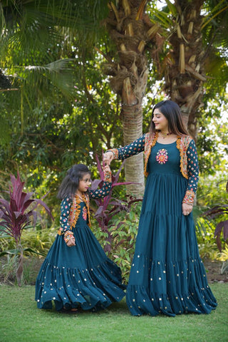 Fancy Teal Blue Color Mother Daughter Gown WIth Koti Clothsvilla