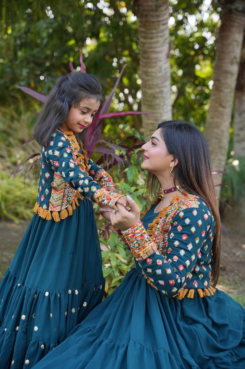 Fancy Teal Blue Color Mother Daughter Gown WIth Koti Clothsvilla