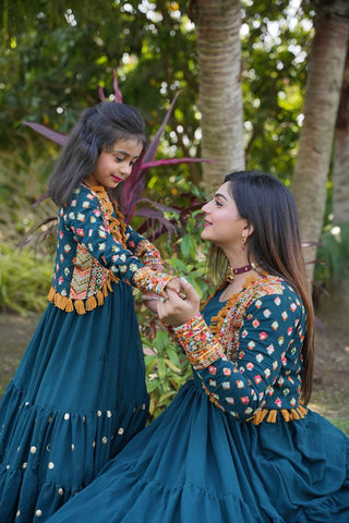 Fancy Teal Blue Color Mother Daughter Gown WIth Koti Clothsvilla