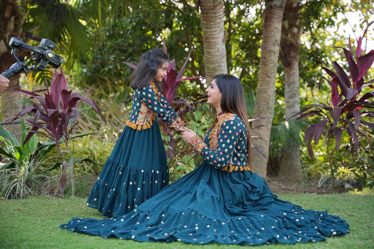 Fancy Teal Blue Color Mother Daughter Gown WIth Koti Clothsvilla