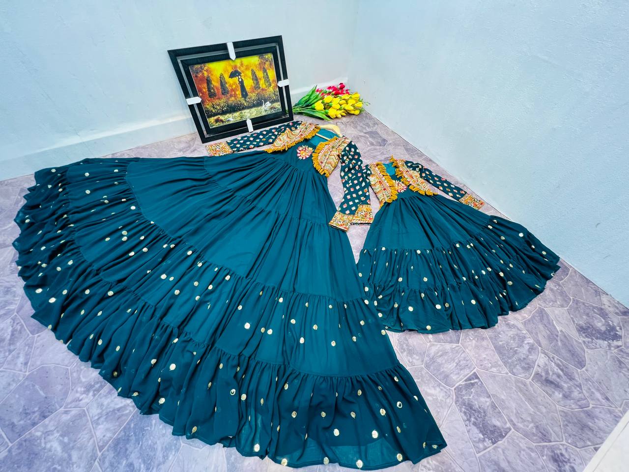 Fancy Teal Blue Color Mother Daughter Gown WIth Koti Clothsvilla