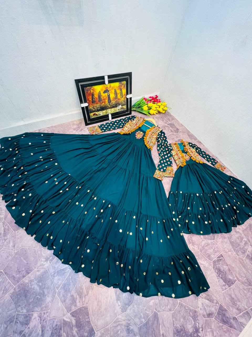 Fancy Teal Blue Color Mother Daughter Gown WIth Koti Clothsvilla