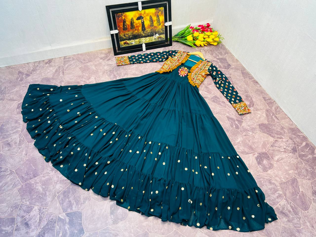 Fancy Teal Blue Color Mother Daughter Gown WIth Koti Clothsvilla