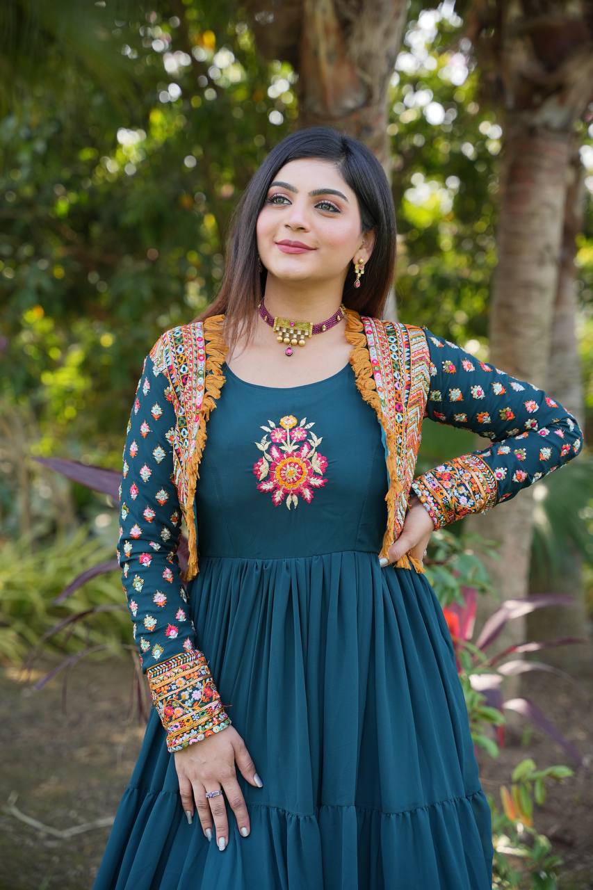 Fancy Teal Blue Color Mother Daughter Gown WIth Koti Clothsvilla