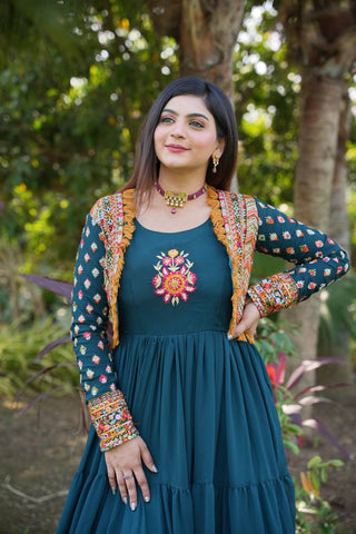 Fancy Teal Blue Color Mother Daughter Gown WIth Koti Clothsvilla