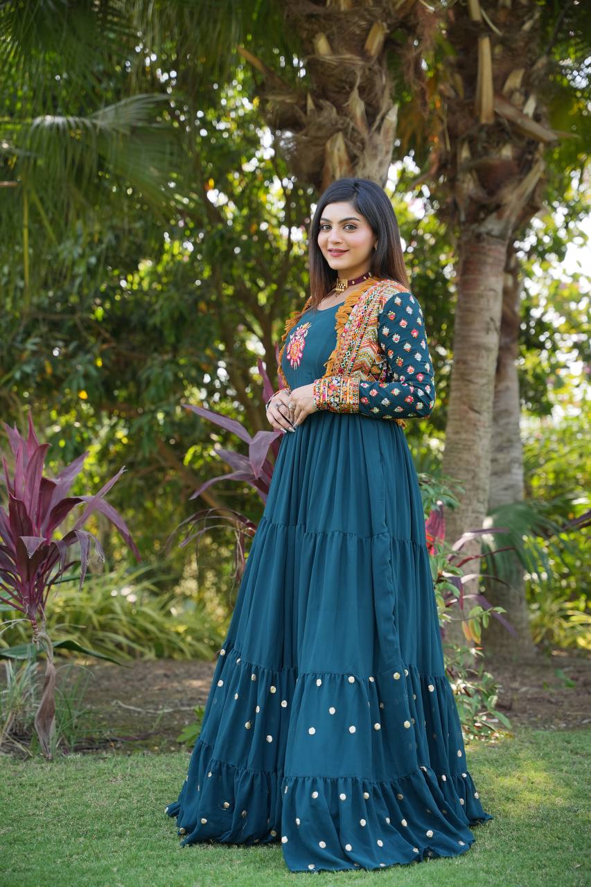 Fancy Teal Blue Color Mother Daughter Gown WIth Koti Clothsvilla