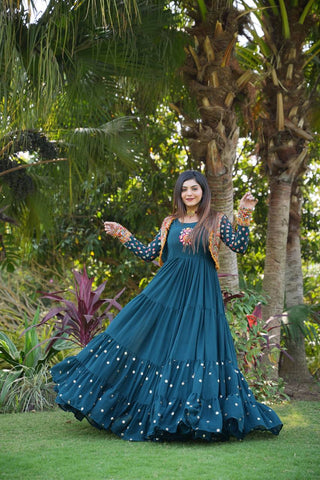 Fancy Teal Blue Color Mother Daughter Gown WIth Koti Clothsvilla