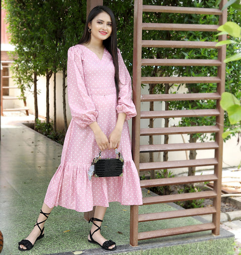 Fantastic Polka Dot Printed Light Pink Color Short Gown Clothsvilla Main image
