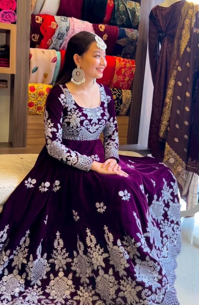 Fantastic Wine Color Velvet Embroidery Sequence Salwar Suit