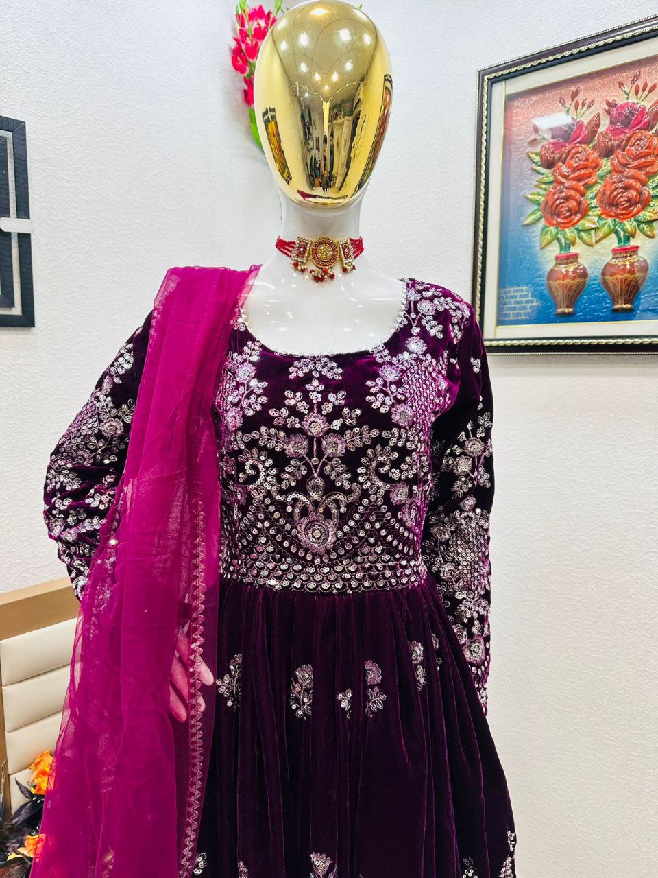 Fantastic Wine Color Velvet Embroidery Sequence Salwar Suit Clothsvilla
