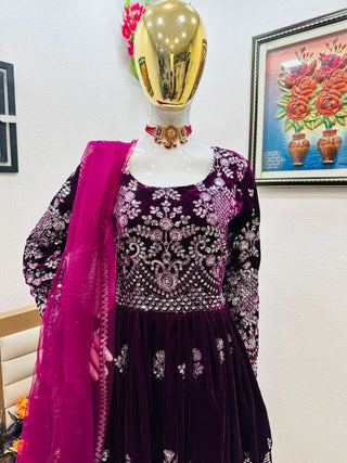 Fantastic Wine Color Velvet Embroidery Sequence Salwar Suit Clothsvilla