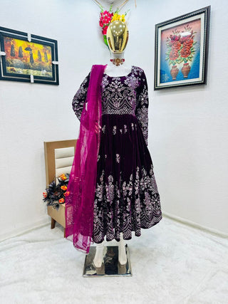 Fantastic Wine Color Velvet Embroidery Sequence Salwar Suit Clothsvilla