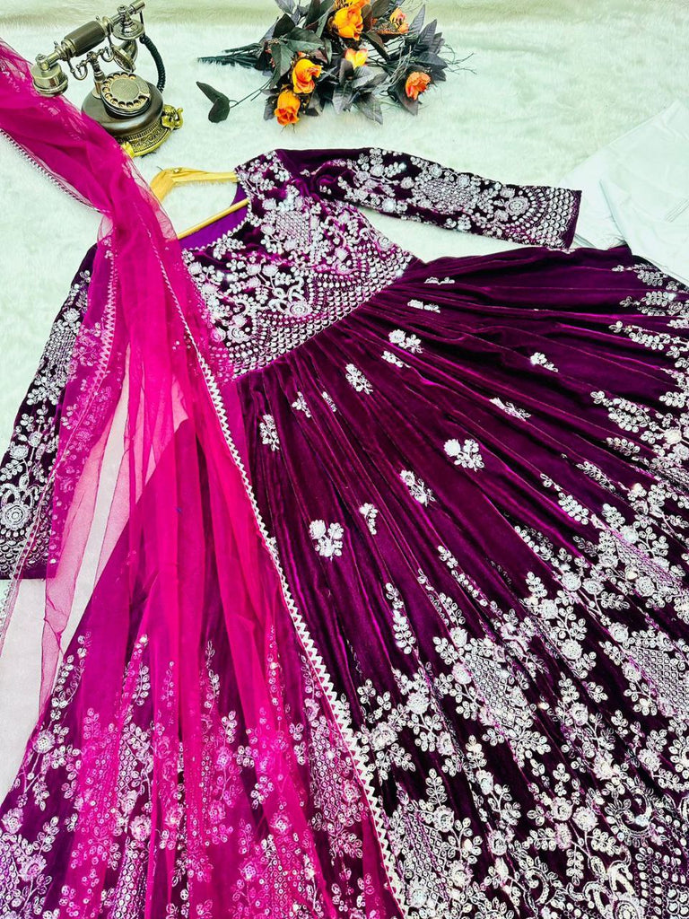 Fantastic Wine Color Velvet Embroidery Sequence Salwar Suit Clothsvilla